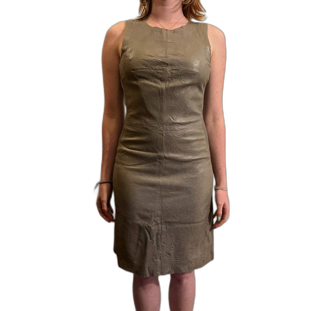 Vintage CIGNO NERO Green Real Leather Sleeveless Sheath Dress Women's Size EU 34